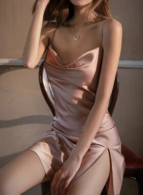 性感真丝吊带睡裙150cm娇小个子荡领开叉睡衣家居服女纯欲xxs码