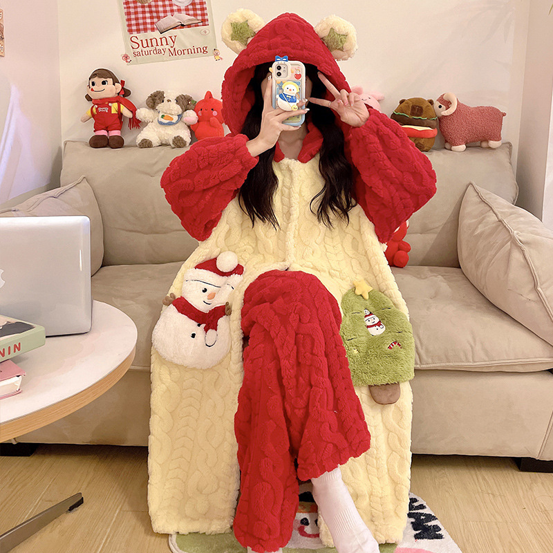 150cm小矮个子珊瑚绒睡袍秋冬季加绒加厚雪人连帽套装家居服xxs码