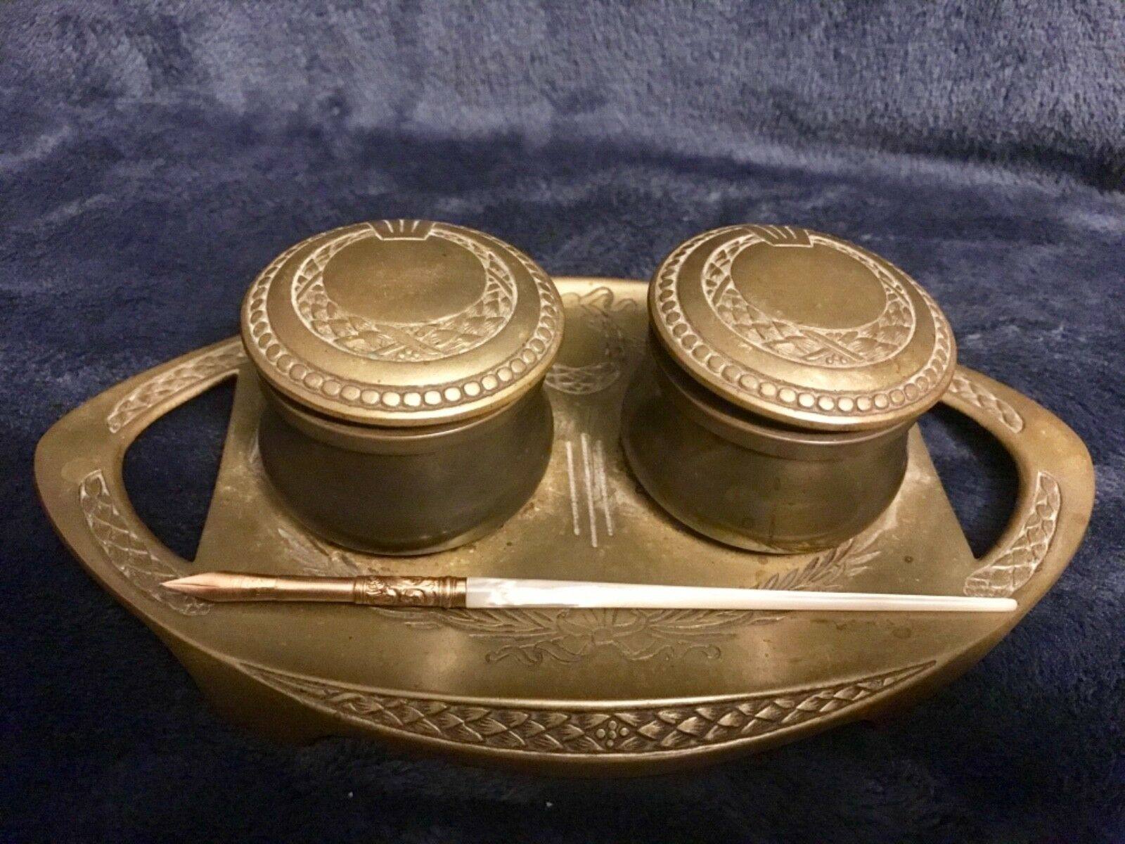 代购复古维多利亚时代古董vtg新艺术黄铜墨水池工艺品aikin蘸水笔