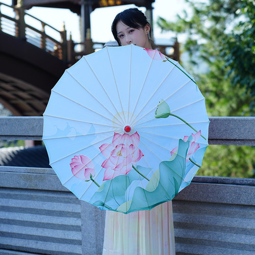 国风莲花山水画意古风油纸伞