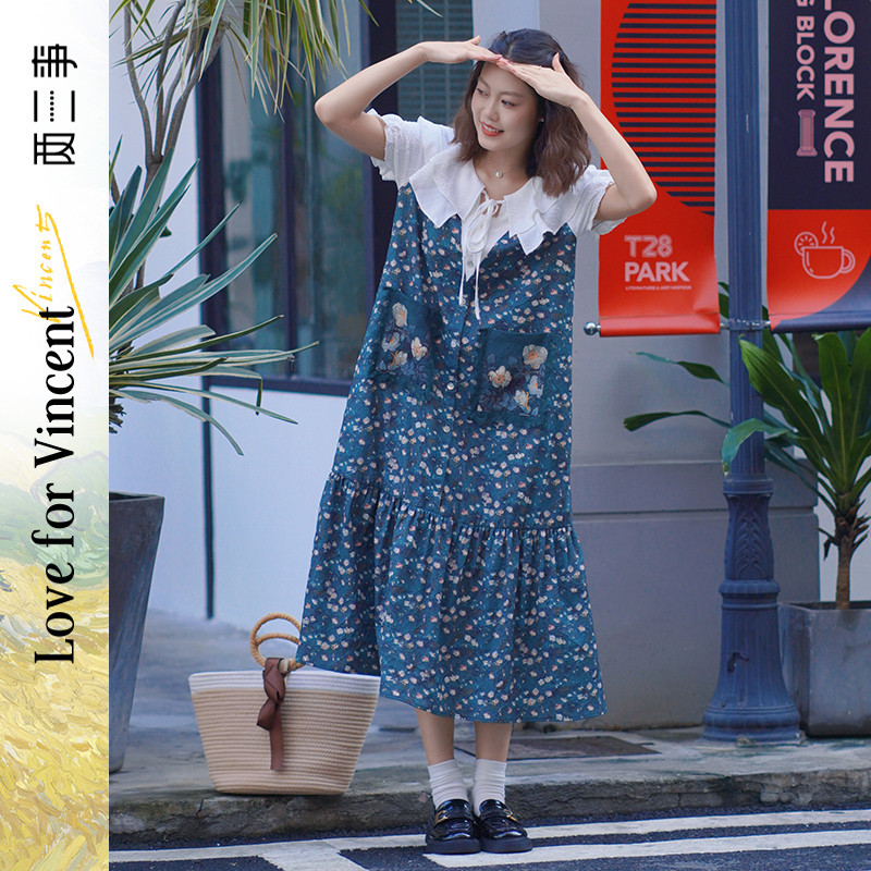 两三事梵高文艺漫山香絮2024夏季新款森女风拼色印花假两件连衣裙