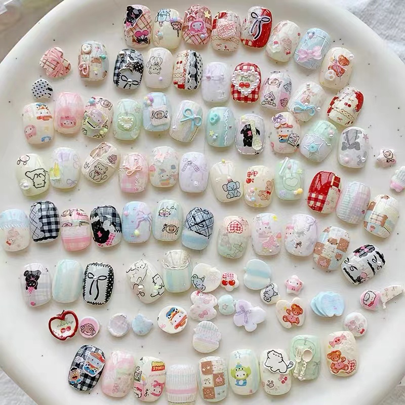 美甲转印纸韩系ins卡通牛仔蝴蝶结格纹萌宠图案指甲装饰品小配件