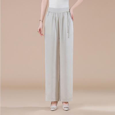 醋酸缎窄版阔腿裤女夏季薄款坠感宽松洋气妈妈休闲直筒裤高腰鹤福