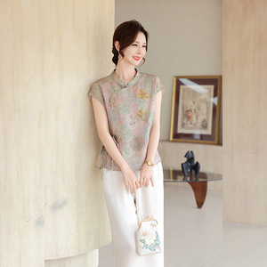 时尚印花妈妈小衫中老年女装国风短袖上衣妈妈装夏季短袖上衣新款