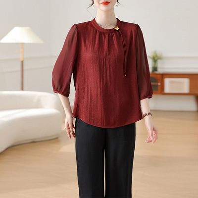 鹤福中老年女装妈妈装国风复古圆领衬衫女新款显瘦气质妈妈衫春夏