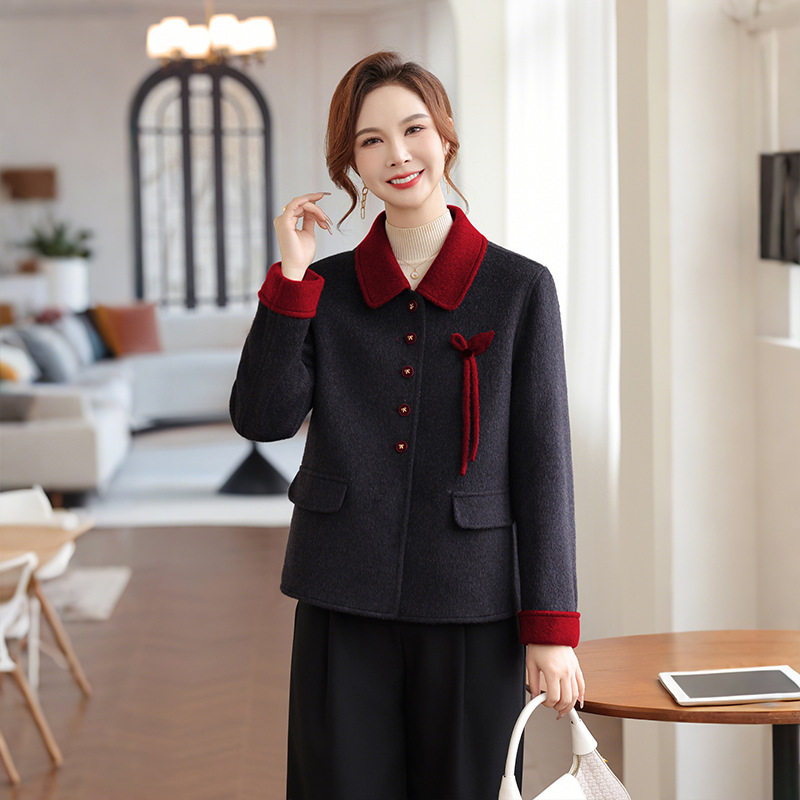 鹤福妈妈装羊毛双面双色毛呢外套女短款中老年女装秋冬气质呢上衣