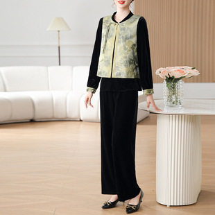 鹤福妈妈装时尚套装阔太太国风马甲中老年女装春秋金丝绒三件套