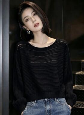慵懒风黑色镂空针织衫女套头圆领百搭显瘦温柔风毛衣上衣