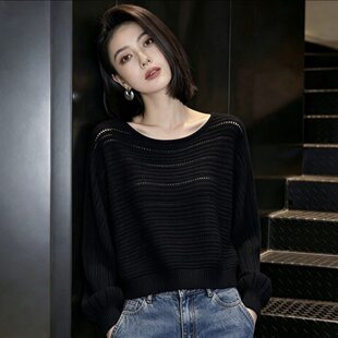 慵懒风黑色镂空针织衫女套头圆领百搭显瘦温柔风毛衣上衣