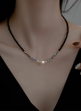 黑色水晶淡水珍珠项链女小众设计轻奢锁骨链2024年新款潮甜美颈链