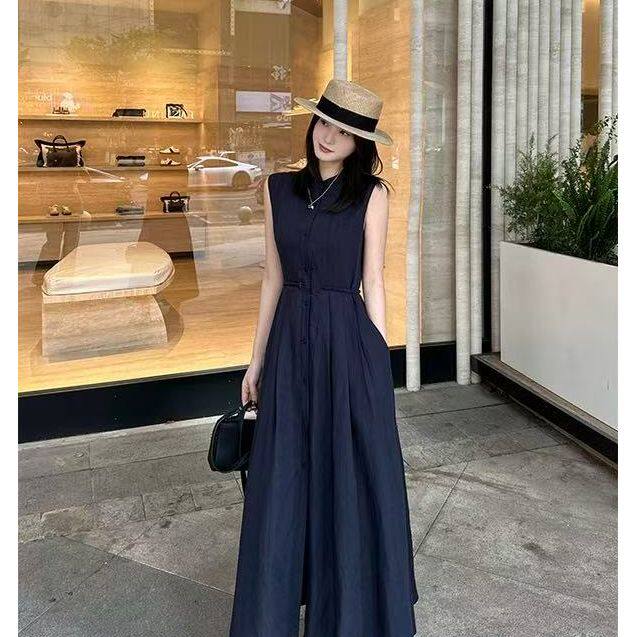 【金金宠粉】法式名媛女神范收腰藏青色无袖背心连衣裙女