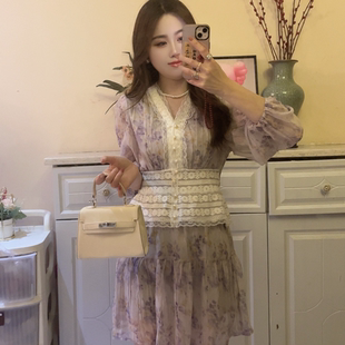 【金金宠粉】法式温柔风v领碎花两件套气质高级感拼接收腰a字裙