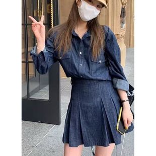 小众牛仔连衣裙女百褶短裙荷叶边翻领裙子女 金金宠粉 法式