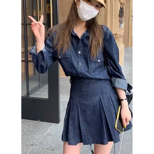 【金金宠粉】法式小众牛仔连衣裙女百褶短裙荷叶边翻领裙子女