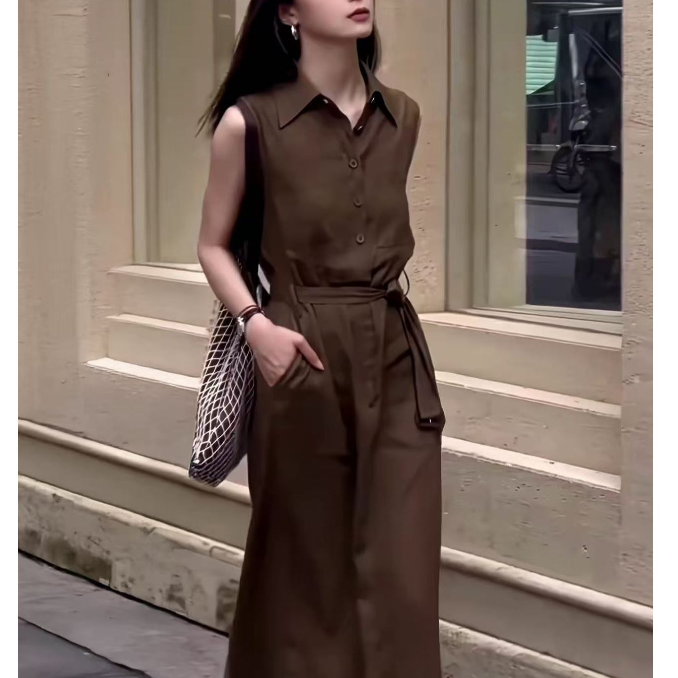 【金金宠粉】轻熟风polo领无袖连衣裙女夏新款高级感收腰显瘦长裙