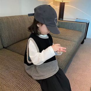 女童针织马甲春秋2025新款儿童条纹背心上衣女宝宝秋装毛衣打底衫