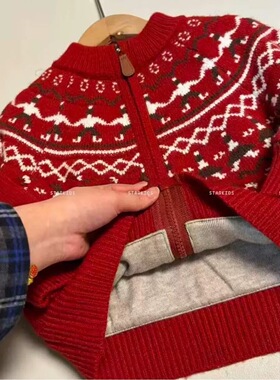 男女童2026新款外套复古费尔岛毛衣马年拜年服红色开衫针织衫上衣