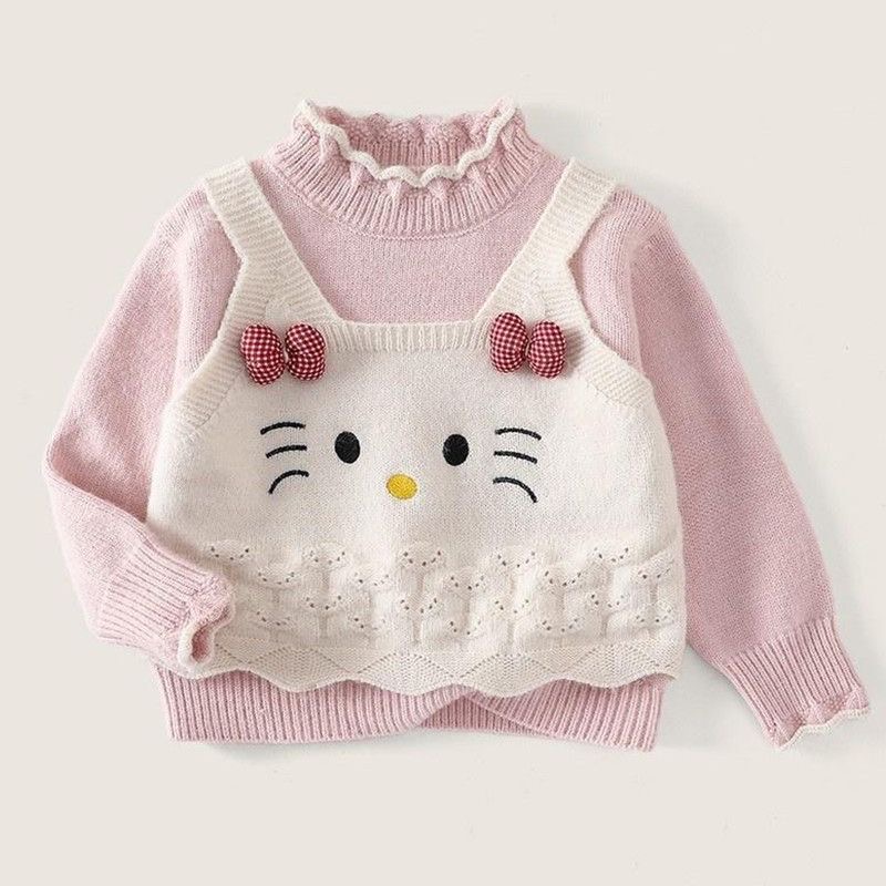 女童秋冬套头毛衣2025新款女宝宝可爱小猫咪假两件百搭针织打底衫
