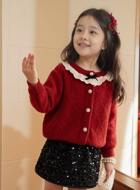 女童新年红色毛衣开衫2025新款女童宝宝上衣洋气针织衫小香风外套