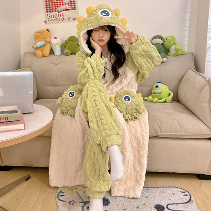 珊瑚绒睡袍女款秋冬季加厚保暖长款法兰绒冬天女士睡衣家居服套装