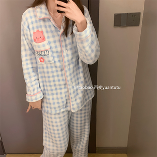 蓝格子loopy甜美珊瑚绒睡衣女秋冬季露比小海狸长袖保暖加厚套装