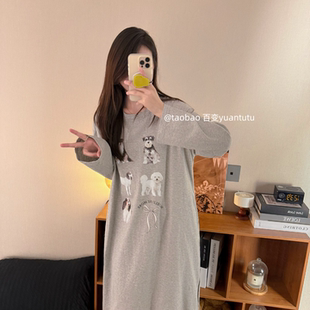 韩版灰色小狗睡裙女纯棉春秋季长袖学生可外穿家居服宽松中长裙薄
