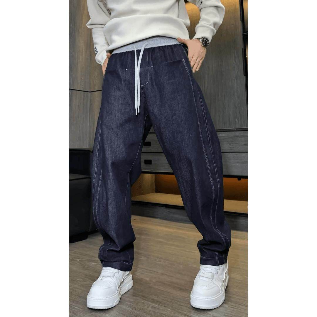 2025春季新款美式复古加绒休闲牛仔裤明线设计弯刀拖地裤时尚宽松,男装,牛仔裤,淘宝优惠券,粉丝福利购,淘宝优惠卷
