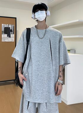 夏季潮流男款设计感短袖运动套装男时尚夏季宽松潮流ins帅气T桖