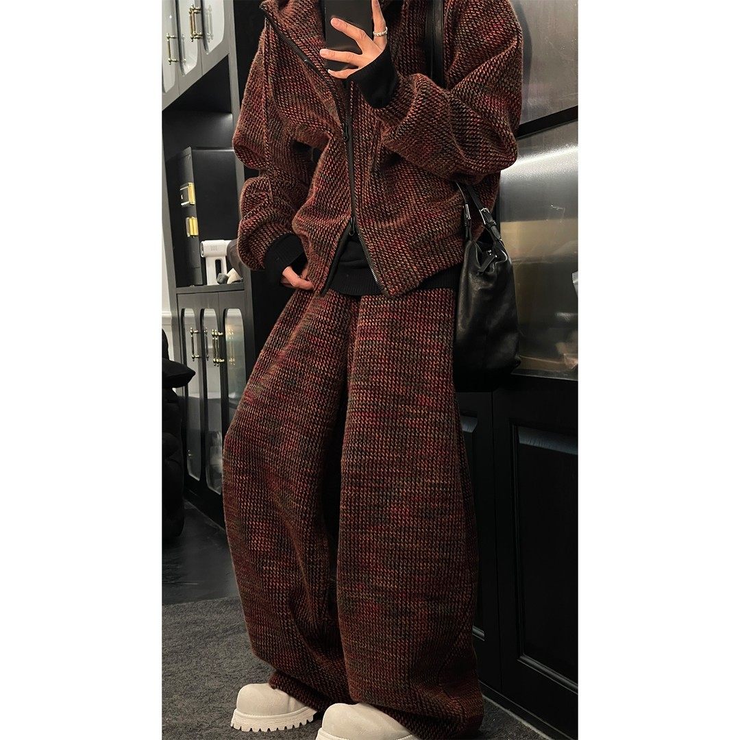 冬季美式复古针织连帽卫衣套装