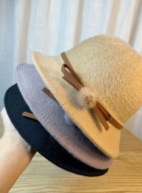 2025女秋冬韩版百搭蝴蝶结渔夫帽日系毛绒圆羊毛针织毛线帽