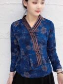 打底中老年修身 春秋新款 长袖 盘扣妈妈旗袍衫 复古显瘦提花上衣 中式