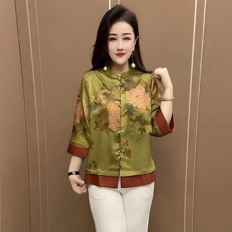 夏季时尚国风桑蚕丝衬衫上衣2025新款民族风花色开衫妈妈宽松小衫