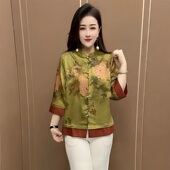 时尚 妈妈宽松小衫 国风桑蚕丝衬衫 民族风花色开衫 上衣2025新款 夏季