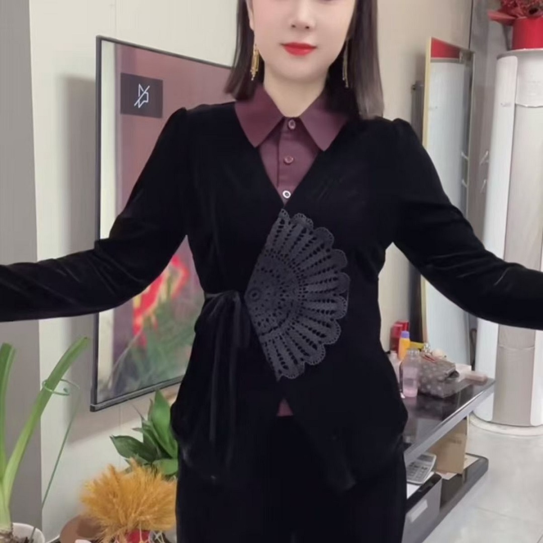 丝绒假两件翻领国风衬衫妈妈上衣