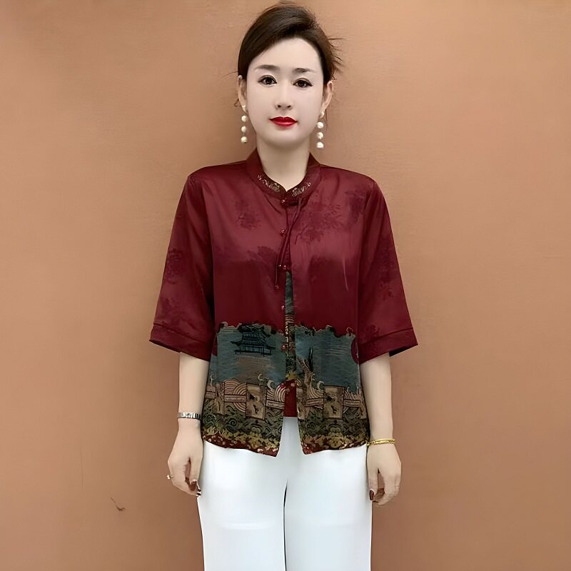 新中式国风妈妈装真丝开衫上衣夏季新款七分袖唐装立领薄衬衫防晒