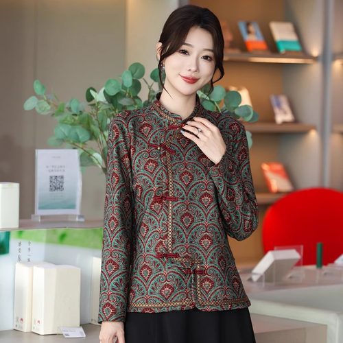加绒盘扣中式妈妈长袖提花旗袍衫