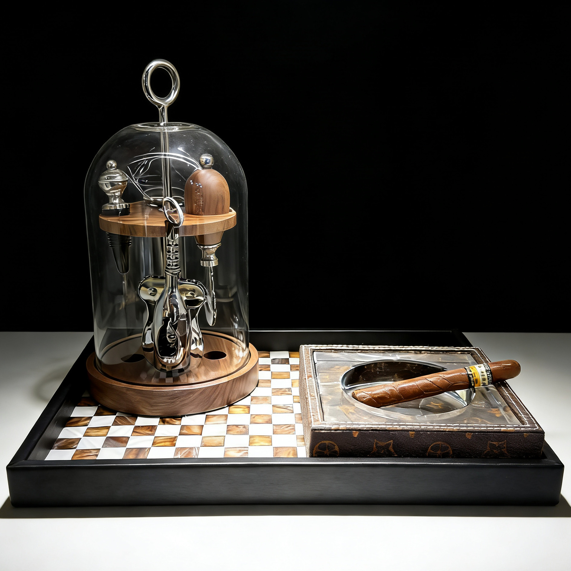 复古创意红酒开瓶器实木玻璃罩贝壳皮革托盘吧台餐厅摆件套装,家居饰品,桌面摆件,淘宝优惠券,粉丝福利购,淘宝优惠卷