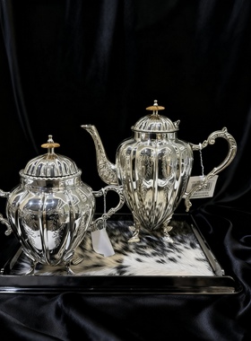 欧式复古黄铜镀银雕花水壶茶壶咖啡壶高奢家居样板房摆件印度进口