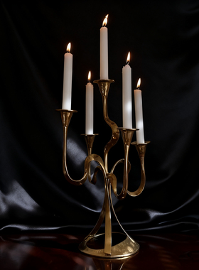 茗尚家居中古野兽派雕塑黄铜烛台玄关摆件古典五头手工锻造软装