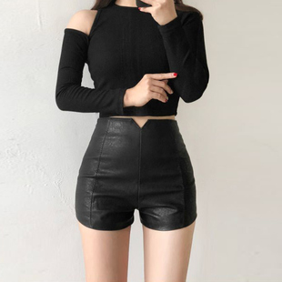 黑色皮短裤 女2021新款 秋冬高腰紧身包臀性感pu皮三分外穿打底靴裤
