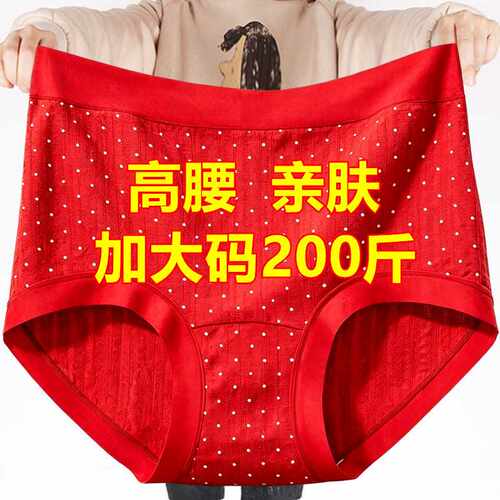 本命年红色胖mm加大码200斤高腰三角内裤女士波点印花棉裆底裤衩