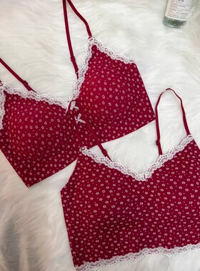 本命年红色碎花内衣女小胸聚拢无钢圈舒适薄款蕾丝边细吊带文胸罩