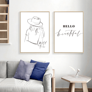 北欧小众挂画咖啡厅餐厅酒吧墙画卧室落地黑白线条人物抽象装饰画