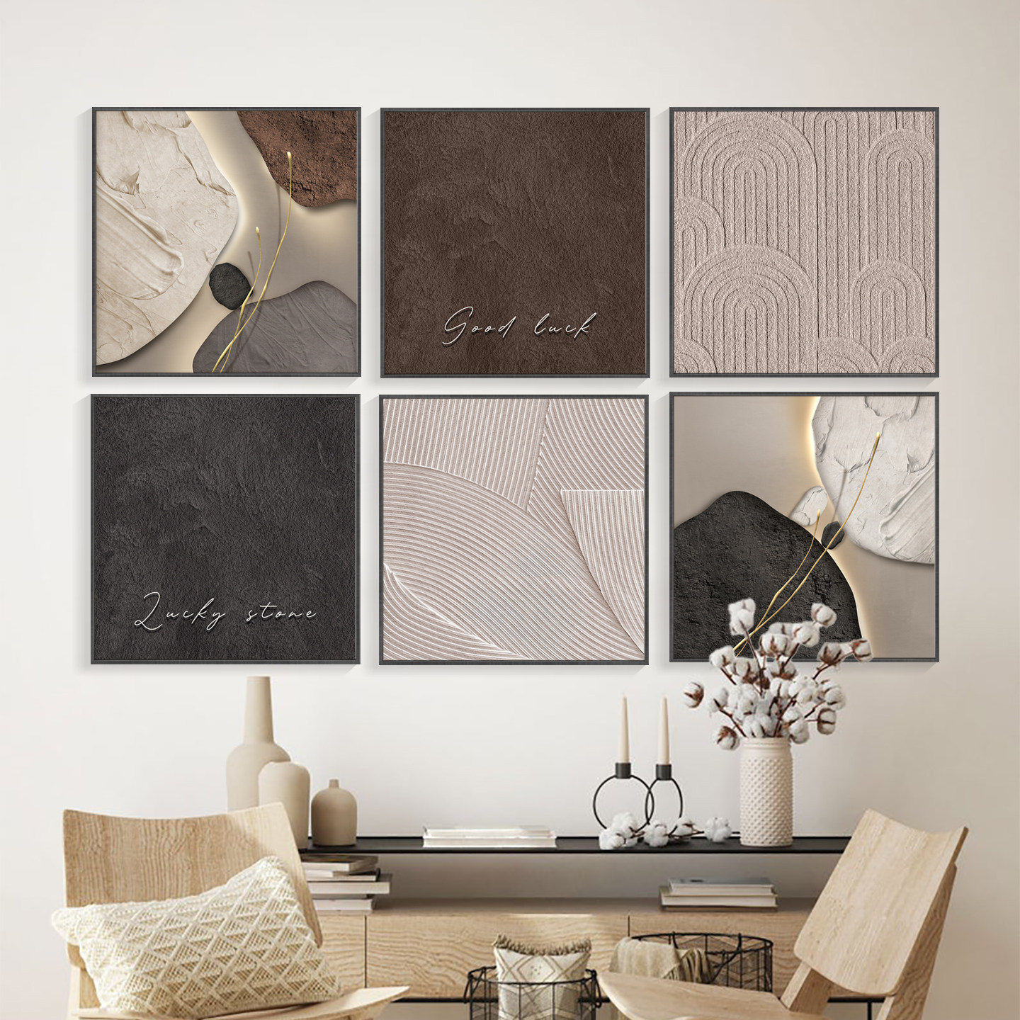 侘寂风玄关装饰画客厅轻奢高级感墙画走廊过道尽头挂画抽象正方画