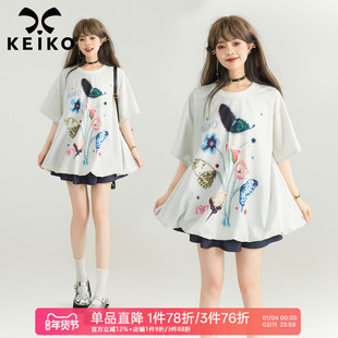 KEIKO [凉感] 柔美少女感花苞形t恤女夏季小众不撞款蝴蝶印花上衣