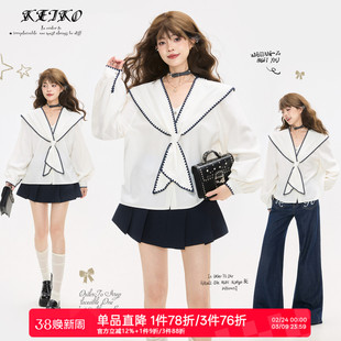 KEIKO [贝壳绣] 航海系白色长袖衬衫女春季法式海军领上衣水手服