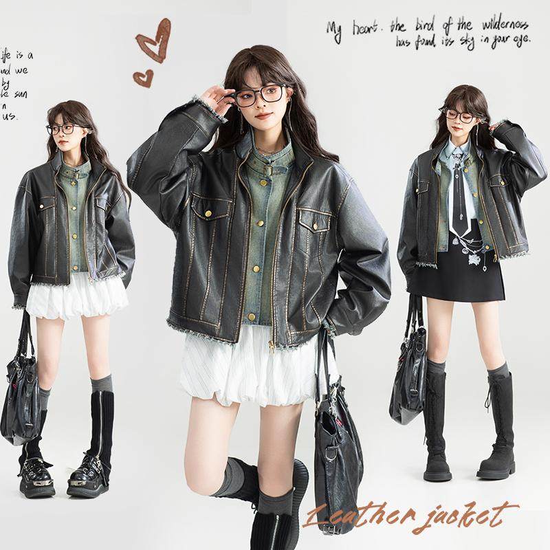 KEIKO美式机车风牛仔拼接短皮衣