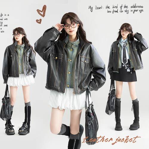 KEIKO美式机车风牛仔拼接短皮衣