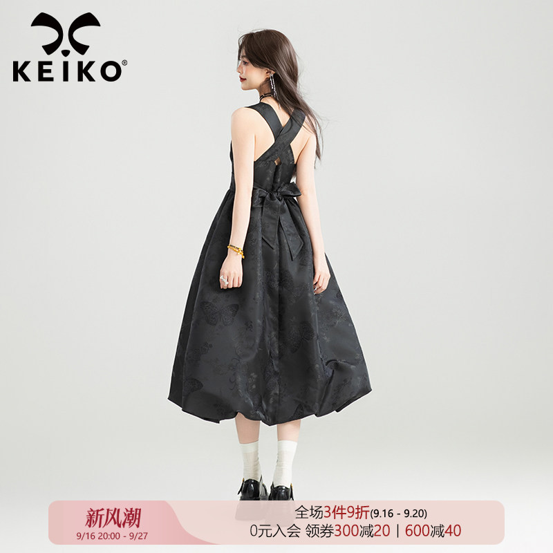 KEIKO黑色绑带蝴蝶结吊带连衣裙图片