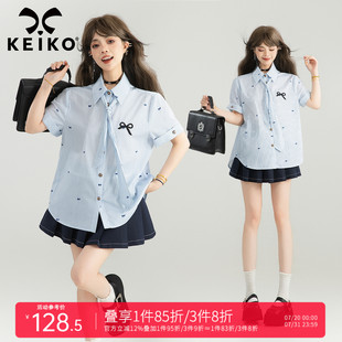 新款 KEIKO 衬衫 韩系高智感蓝色条纹短袖 学院风休闲上衣 赠领带